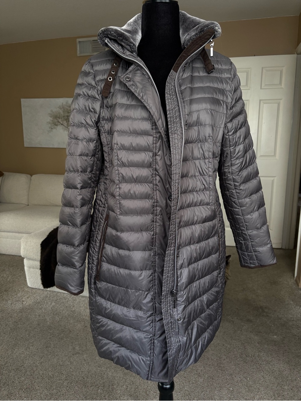 Long Quilted Hooded Puffer Coat in Gray